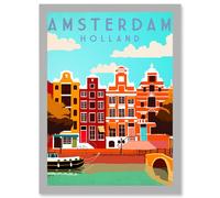 Artery8 Travel Tourism Amsterdam Holland Netherlands Canal Boat Houses Colourful A4 Artwork Framed Wall Art Print in Light Grey Artery8 Light Grey