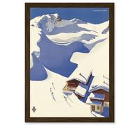 Travel Winter Sport Snow Ski Chalet Alps Austria Blue White A4 Artwork Framed Wall Art Print Artery8 Brown One Size