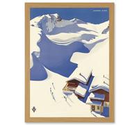 Travel Winter Sport Snow Ski Chalet Alps Austria Blue White A4 Artwork Framed Wall Art Print Artery8 Light Oak One Size