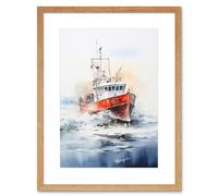 Artery8 Trawler Fishing Boat Watercolour Painting Red Blue Rough Sea Fishermen Waves Seascape Artwork Framed Wall Art Print 9X7 Inch