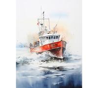 Artery8 Trawler Fishing Boat Watercolour Painting Red Blue Rough Sea Fishermen Waves Seascape Large Wall Art Poster Print Thick Paper 18X24 Inch