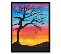 Artery8 Framed Wall Art Tree Silhouette Against Rainbow Sky Watercolour Print - 12X16 Inch