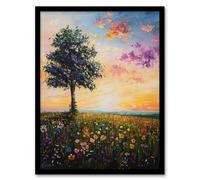Artery8 Tree Spring Wildflower Meadow Sunset Oil Painting Framed Art Print in Orange | Size: W12" x H16" Artery8 Orange W12" x H16"