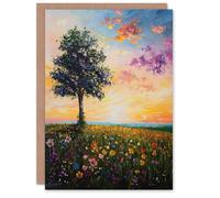 Artery8 Tree Spring Wildflower Meadow Sunset Oil Painting Greeting Birthday Card Him Her All Blank