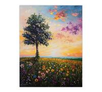 Artery8 Tree Spring Wildflower Meadow Sunset Oil Painting Wall Art Print in Orange | Size: W12" x H16" Artery8 Orange W12" x H16"