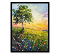 Tree Wildflower Meadow at Sunrise Oil Painting Framed Art Print Artery8 Green A4
