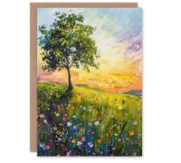 Artery8 Tree Wildflower Meadow at Sunrise Oil Painting Greeting Birthday Card Him Her All Blank