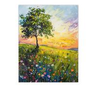 Artery8 Tree Wildflower Meadow at Sunrise Oil Painting Wall Art Print in Green | Size: W12" x H16" Artery8 Green W12" x H16"