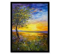 Artery8 Tree Wildflower Meadow at Sunset Oil Painting Framed Art Print | Size: W12" x H16" Artery8 Multicolor W12" x H16"
