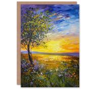Artery8 Tree Wildflower Meadow at Sunset Oil Painting Greeting Birthday Card Him Her All Blank
