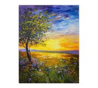 Artery8 Tree Wildflower Meadow at Sunset Oil Painting Wall Art Print | Size: W12" x H16" Artery8 Multicolor W12" x H16"