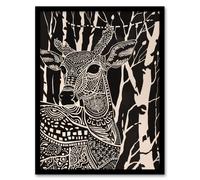 Artery8 Tribal Pattern Deer Black White Forest Landscape Framed Art Print | Size: W12" x H16" Artery8 Black W12" x H16"