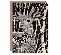 Artery8 Tribal Pattern Deer Black White Forest Landscape Greeting Birthday Card Him Her All Blank