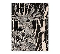 Tribal Pattern Deer Black White Forest Landscape Wall Art Print Artery8 Black W24 inch x H32 inch