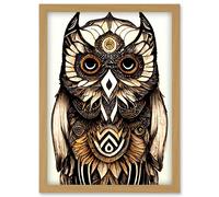 Artery8 Tribal Pattern Owl Feather Patterns Spirit Animal Illustration Monochrome Artwork Framed Wall Art Print A4 in Light Oak Artery8 Light Oak