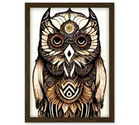 Artery8 Tribal Pattern Owl Feather Patterns Spirit Animal Illustration Monochrome Artwork Framed Wall Art Print A4 in Brown Artery8 Brown