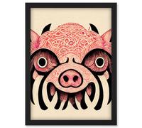 Artery8 Tribal Pattern Pig Hog Mask Wild Boar Illustration Artwork Framed Wall Art Print A4 in Black Artery8 Black