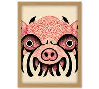 Artery8 Tribal Pattern Pig Hog Mask Wild Boar Illustration Artwork Framed Wall Art Print A4 in Light Oak Artery8 Light Oak