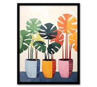 Artery8 Trio of Colourful Monstera Cheese Plant Pots Botanical Oil Painting Artwork Framed Wall Art Print 18X24 Inch