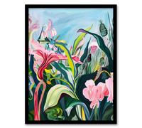 Artery8 Trippy Exotic Wildflower Garden Painting Tropical Framed Art Print in Green | Size: A4 Artery8 Green A4