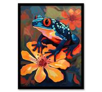 Artery8 Tropical Blue Frog On Orange Flower Striking Oil Painting Amazon Jungle Art Print Framed Poster Wall Decor 12x16 inch | Size: W12" x H16" Artery8 Black W12" x H16"