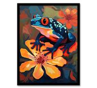 Artery8 Tropical Blue Frog On Orange Flower Striking Oil Painting Amazon Jungle Artwork Framed Wall Art Print A4