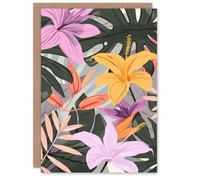 Artery8 Greeting Card Tropical Exotic Colourful Lilies Monstera Design Blank For Him Or Her Art Birthday Card