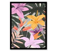 Artery8 Tropical Exotic Colourful Lilies Monstera Design Living Room Artwork Framed Wall Art Print A4
