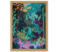 Tropical Jungle Forest Vibrant Colour Illustration Artwork Framed Wall Art Print A4 Artery8 Light Oak One Size