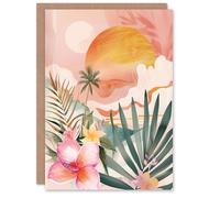 Artery8 Greeting Card Tropical Pink Beach Sunset Palm Orchids Abstract Blank For Him Or Her Art Birthday Card