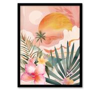 Artery8 Tropical Pink Beach Sunset Palm Orchids Abstract Framed Art Print | Size: A4 Artery8 Pink A4