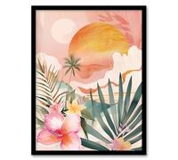 Artery8 Tropical Pink Beach Sunset Palm Orchids Abstract Living Room Artwork Framed Wall Art Print 18X24 Inch