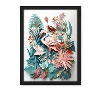 Artery8 Tropical Plants And Birds Multi-Dimensional Paper Kirigami Art Print Artwork Framed Wall Art Print 18X24 Inch