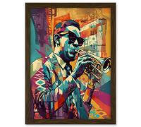 Artery8 Trumpet Player Jazz Musician with Sunglasses Modern Colour Linocut Print Artwork Framed A3 Wall Art Print