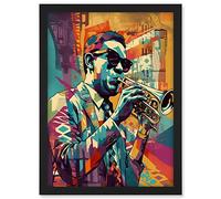Artery8 Trumpet Player Jazz Musician with Sunglasses Modern Colour Linocut Print Artwork Framed A3 Wall Art Print