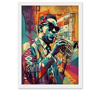 Artery8 Trumpet Player Jazz Musician with Sunglasses Modern Colour Linocut Print Artwork Framed A3 Wall Art Print