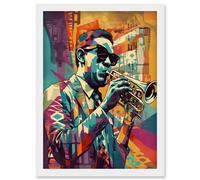 Artery8 Trumpet Player Jazz Musician with Sunglasses Modern Colour Linocut Print Artwork Framed Wall Art Print A4 in White Artery8 White