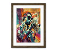 Artery8 Trumpet Player Jazz Musician with Sunglasses Modern Colour Linocut Print Artwork Framed Wall Art Print 18X24 Inch