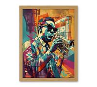 Artery8 Trumpet Player Jazz Musician with Sunglasses Modern Colour Linocut Print Artwork Framed Wall Art Print 18X24 Inch