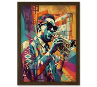 Artery8 Trumpet Player Jazz Musician with Sunglasses Modern Colour Linocut Print Artwork Framed Wall Art Print A4 in Brown Artery8 Brown