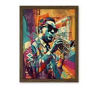 Artery8 Trumpet Player Jazz Musician with Sunglasses Modern Colour Linocut Print Artwork Framed Wall Art Print 18X24 Inch
