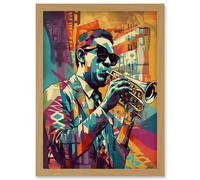 Artery8 Trumpet Player Jazz Musician with Sunglasses Modern Colour Linocut Print Artwork Framed Wall Art Print A4 in Light Oak Artery8 Light Oak