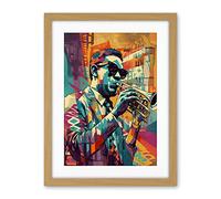 Artery8 Trumpet Player Jazz Musician with Sunglasses Modern Colour Linocut Print Artwork Framed Wall Art Print 18X24 Inch