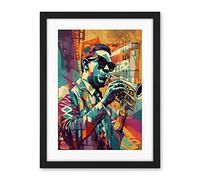 Artery8 Trumpet Player Jazz Musician with Sunglasses Modern Colour Linocut Print Artwork Framed Wall Art Print 18X24 Inch