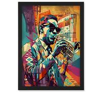 Artery8 Trumpet Player Jazz Musician with Sunglasses Modern Colour Linocut Print Artwork Framed Wall Art Print A4