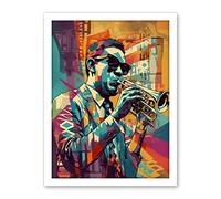 Artery8 Trumpet Player Jazz Musician with Sunglasses Modern Colour Linocut Print Artwork Framed Wall Art Print 18X24 Inch