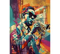 Artery8 Trumpet Player Jazz Musician with Sunglasses Modern Colour Linocut Print Extra Large XL Wall Art Poster Print