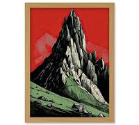 Artery8 Tryfan Mountain Peak Bold Linocut Illustration Artwork Framed Wall Art Print A4 in Light Oak Artery8 Light Oak