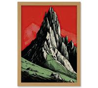 Tryfan Mountain Peak Bold Linocut Illustration Artwork Framed Wall Art Print A4 Artery8 Light Oak One Size