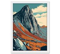 Artery8 Tryfan Mountain Peak Landscape Teal Brown Linocut Artwork Framed A3 Wall Art Print